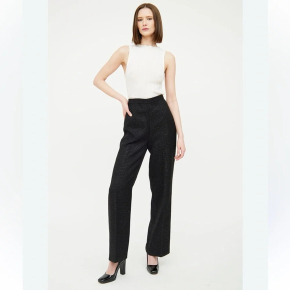 Jason Wu Black Shine Tweed Pleated Trouser straight wide Pants Dark Academia 6 S - Picture 2 of 11
